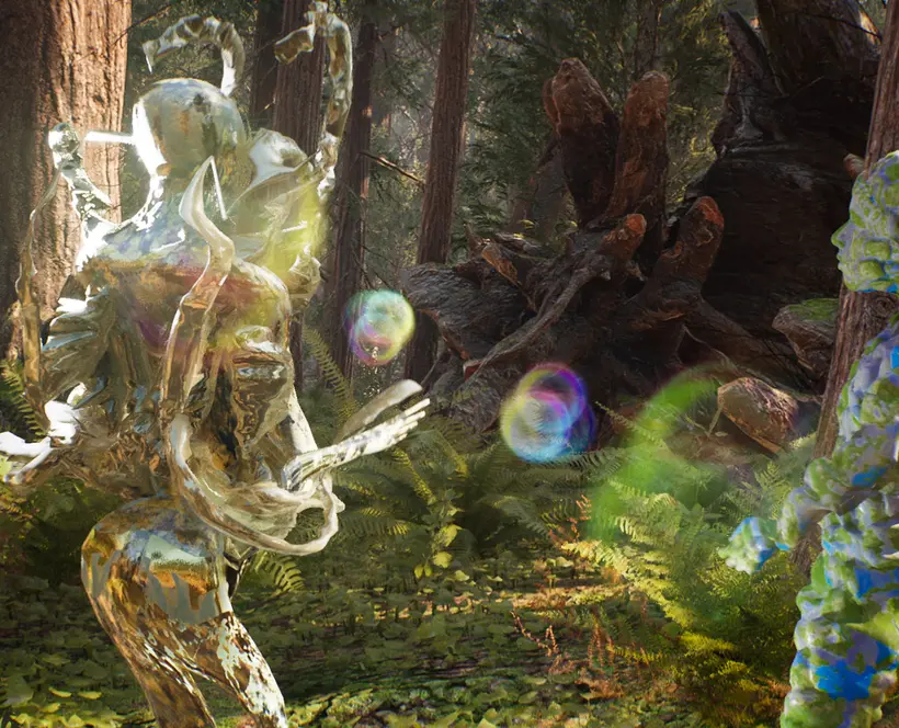 A translucent avatar in a digital forest landscape interacts with another avatar, who has a bulbous skin texture 